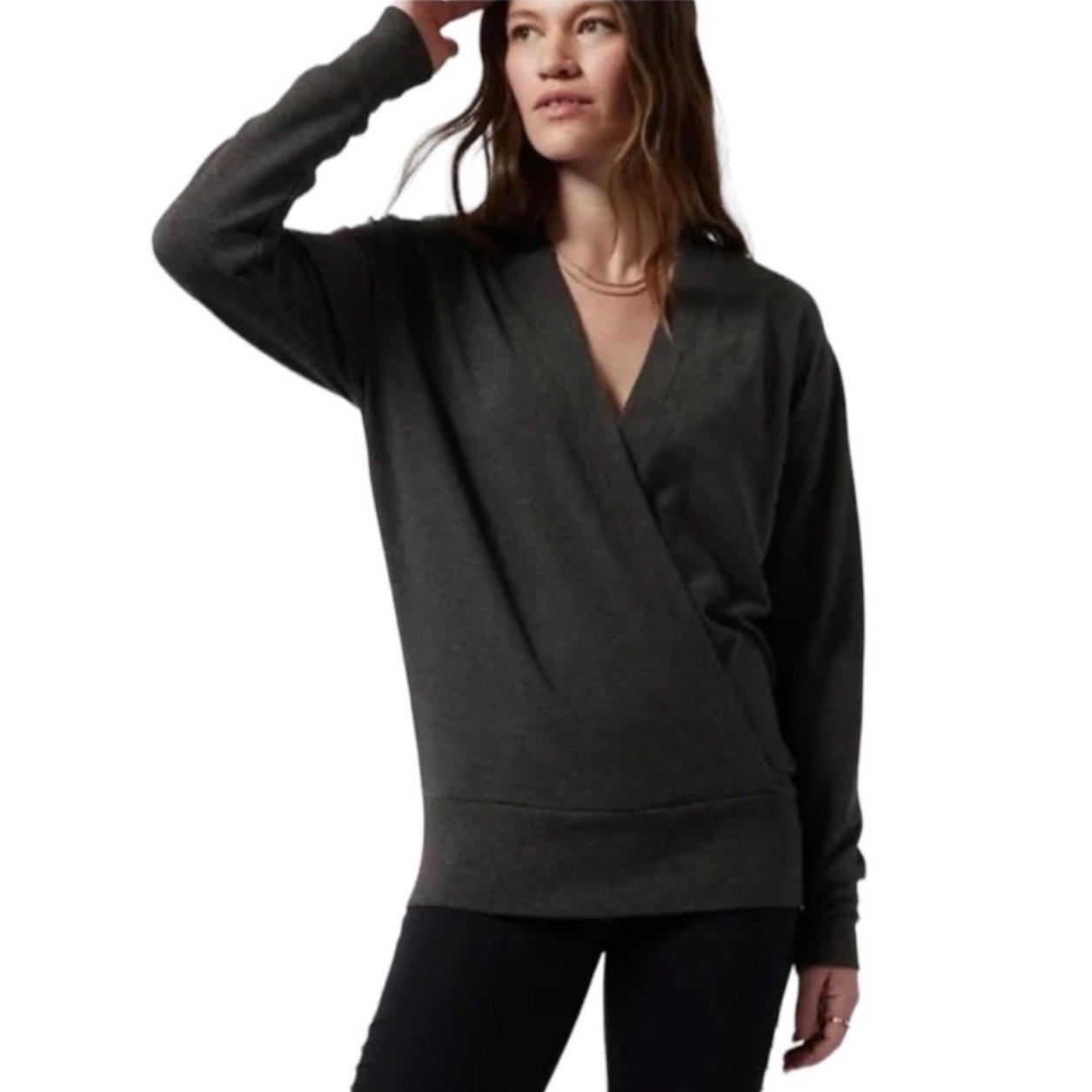 Athleta Purana Sz Med Wrap Sweatshirt Charcoal Grey Heather V-Neck Cozy Modal